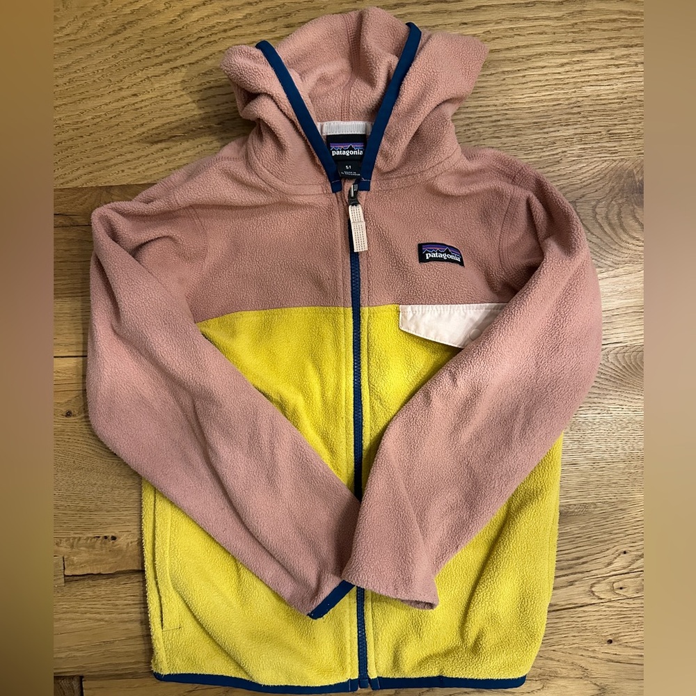 Patagonia Kids Pink and Yellow Hooded Fleece Jacket